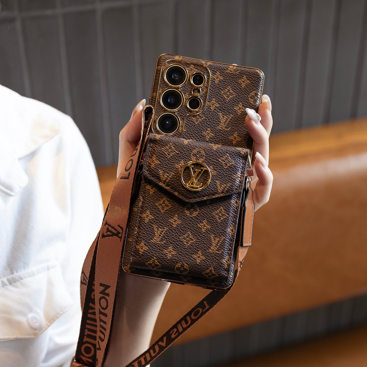 Luxury Classic Leather Samsung Case With Card Wallet And Strap