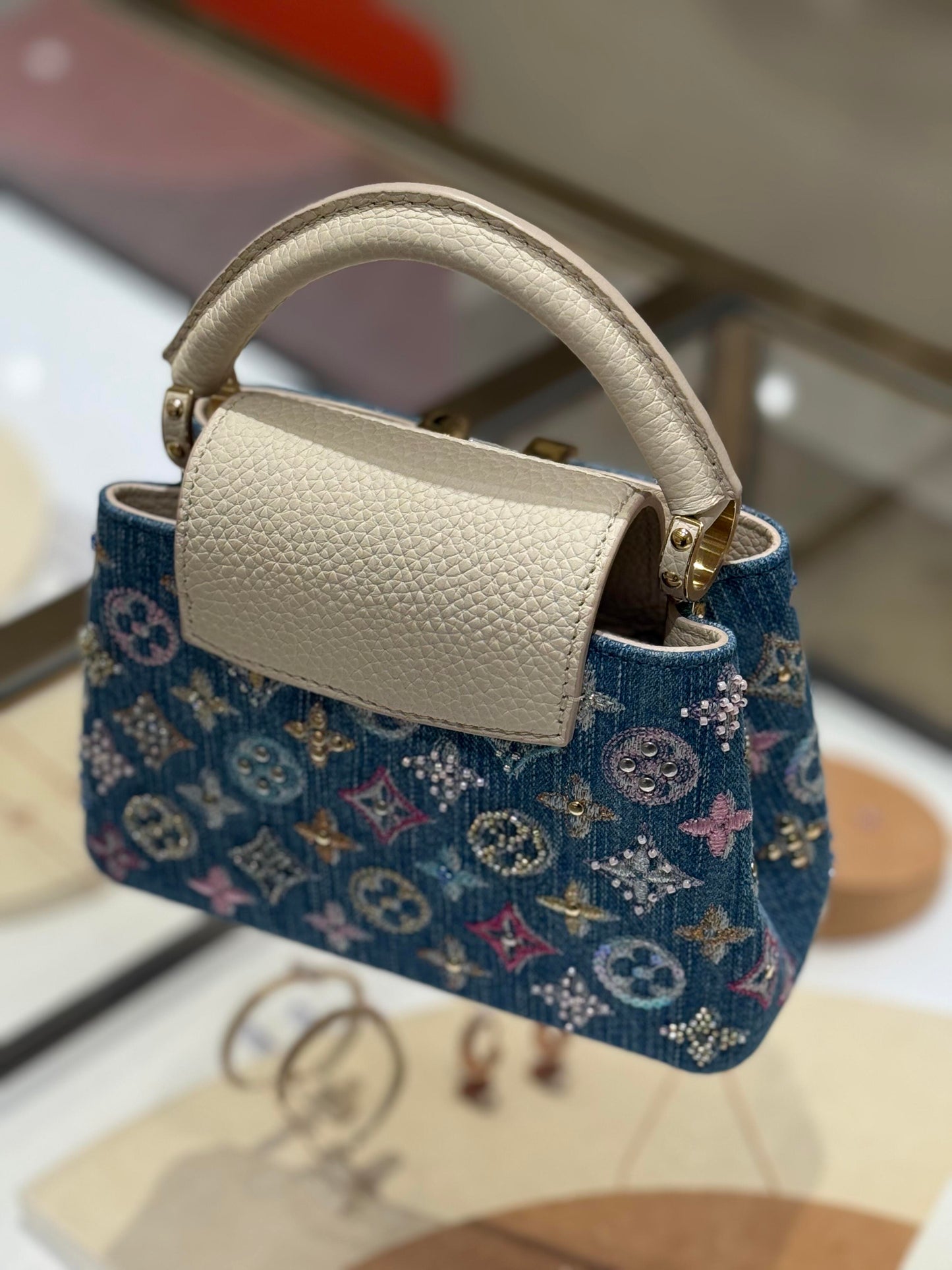 Luxury Denim Embellished Capucines Mini Bag