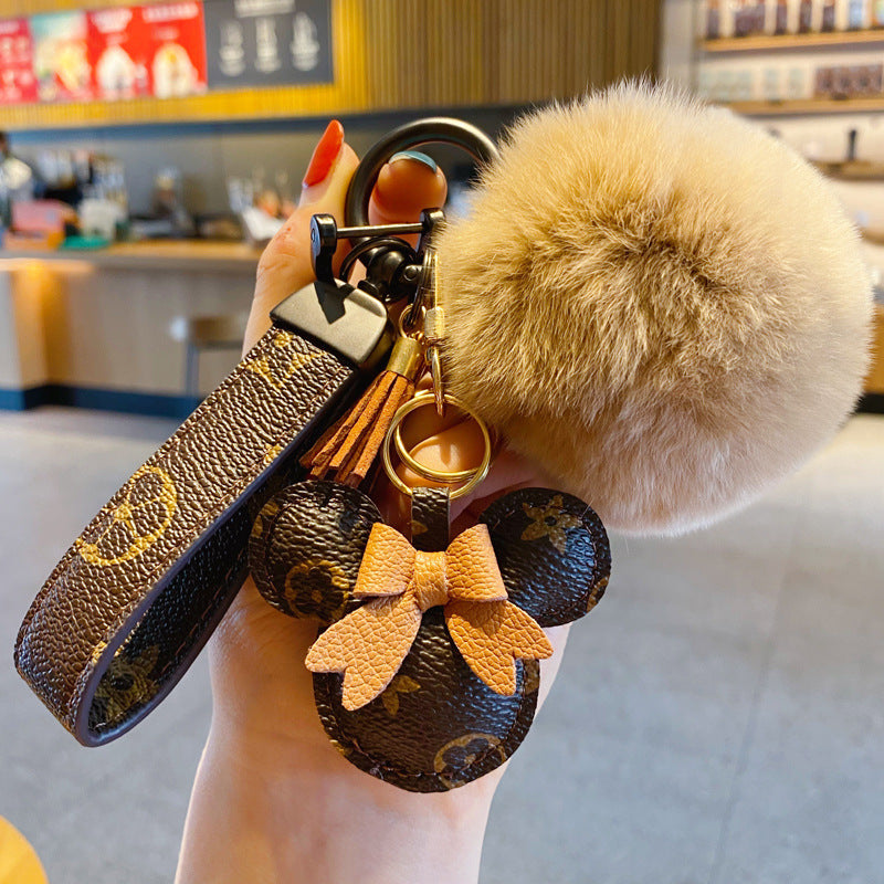 Luksuzni Mickey privjesak za ključeve – privjesak od umjetne kože & Fur Pom