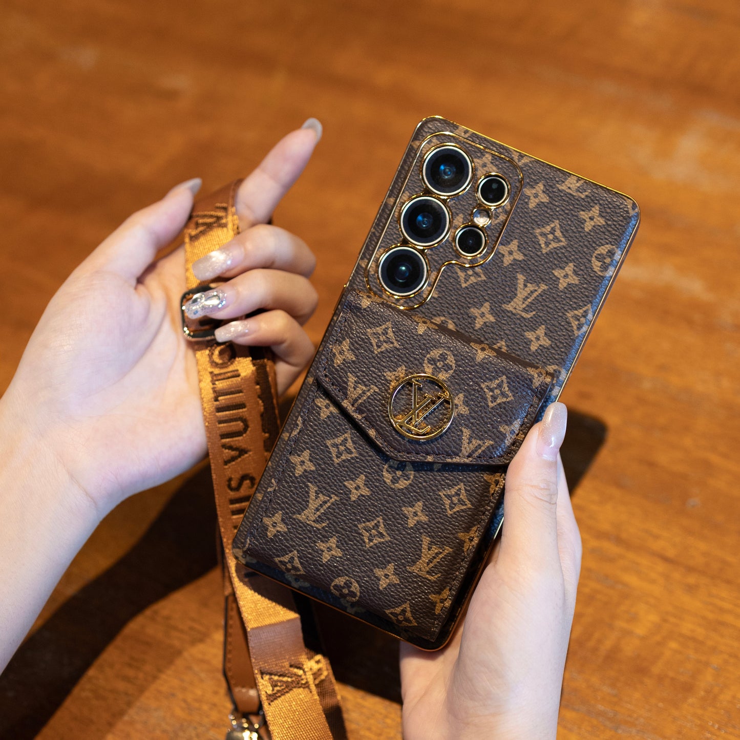 Luxury Classic Leather Samsung Case With Card Wallet And Strap