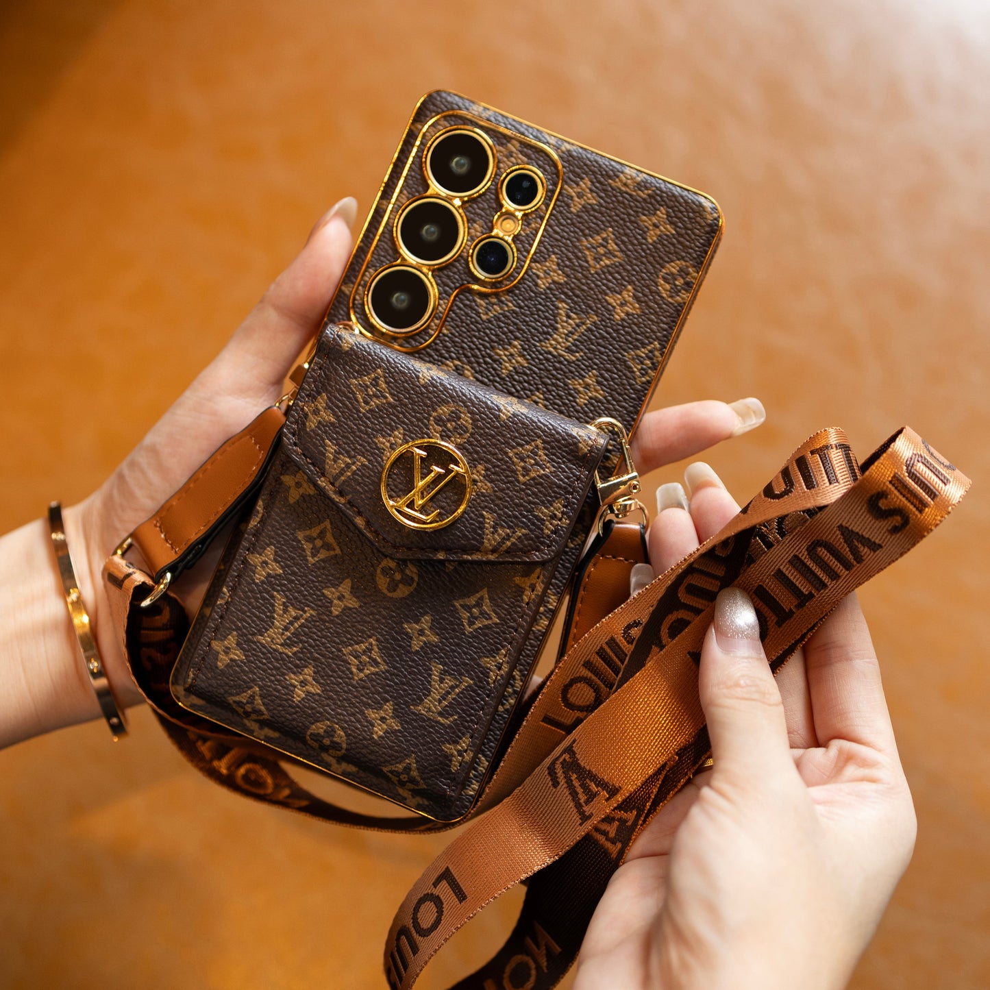 Luxury Classic Leather Samsung Case With Card Wallet And Strap