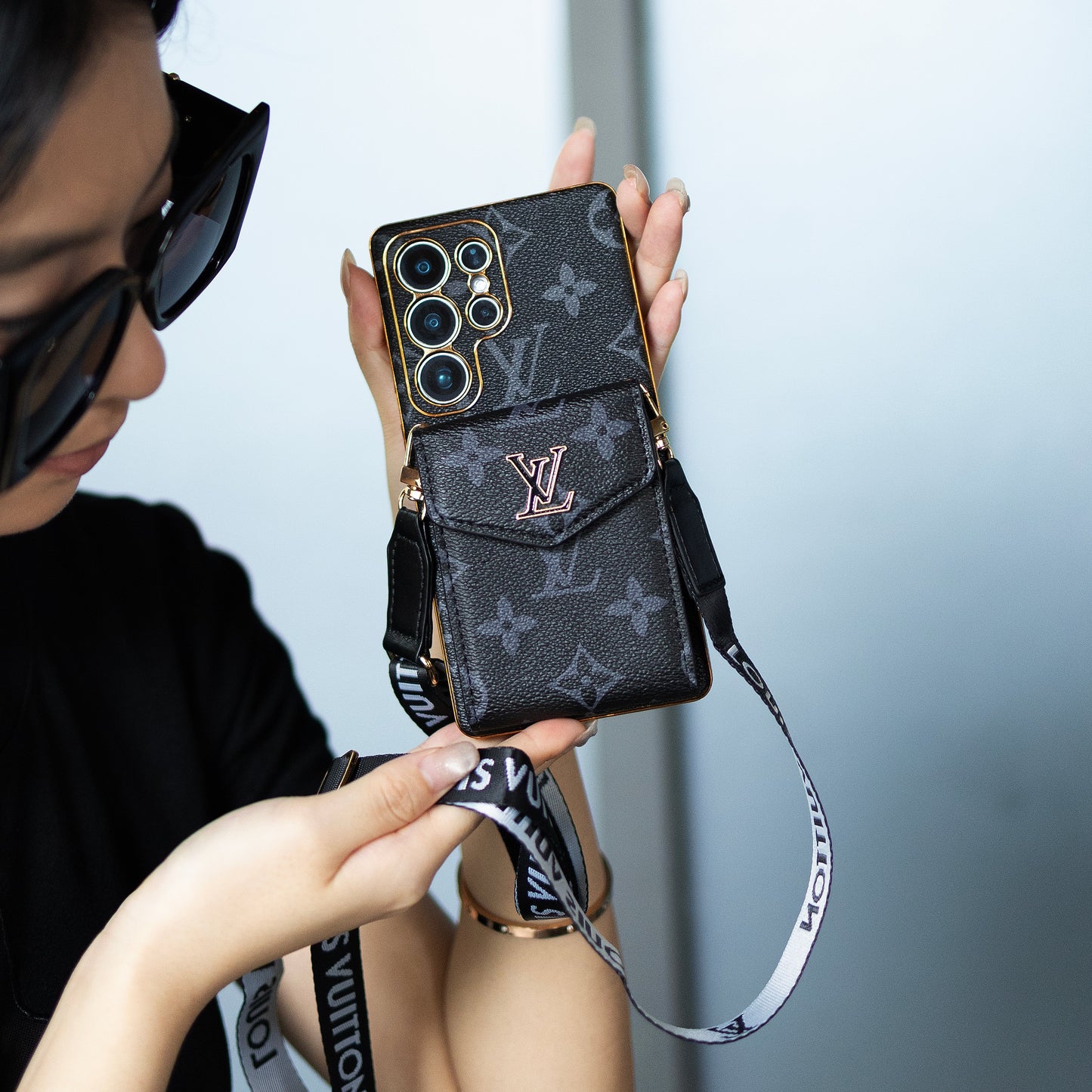 Luxury Classic Leather Samsung Case With Card Wallet And Strap