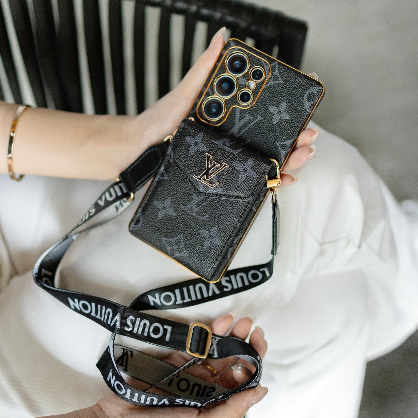 Luxury Classic Leather Samsung Case With Card Wallet And Strap