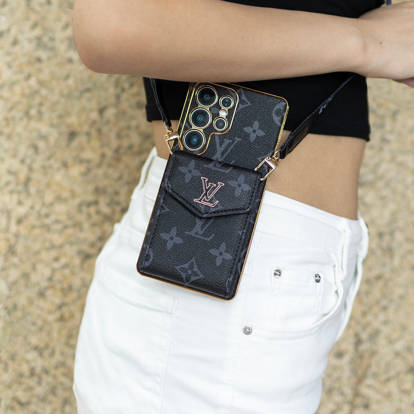 Luxury Classic Leather Samsung Case With Card Wallet And Strap