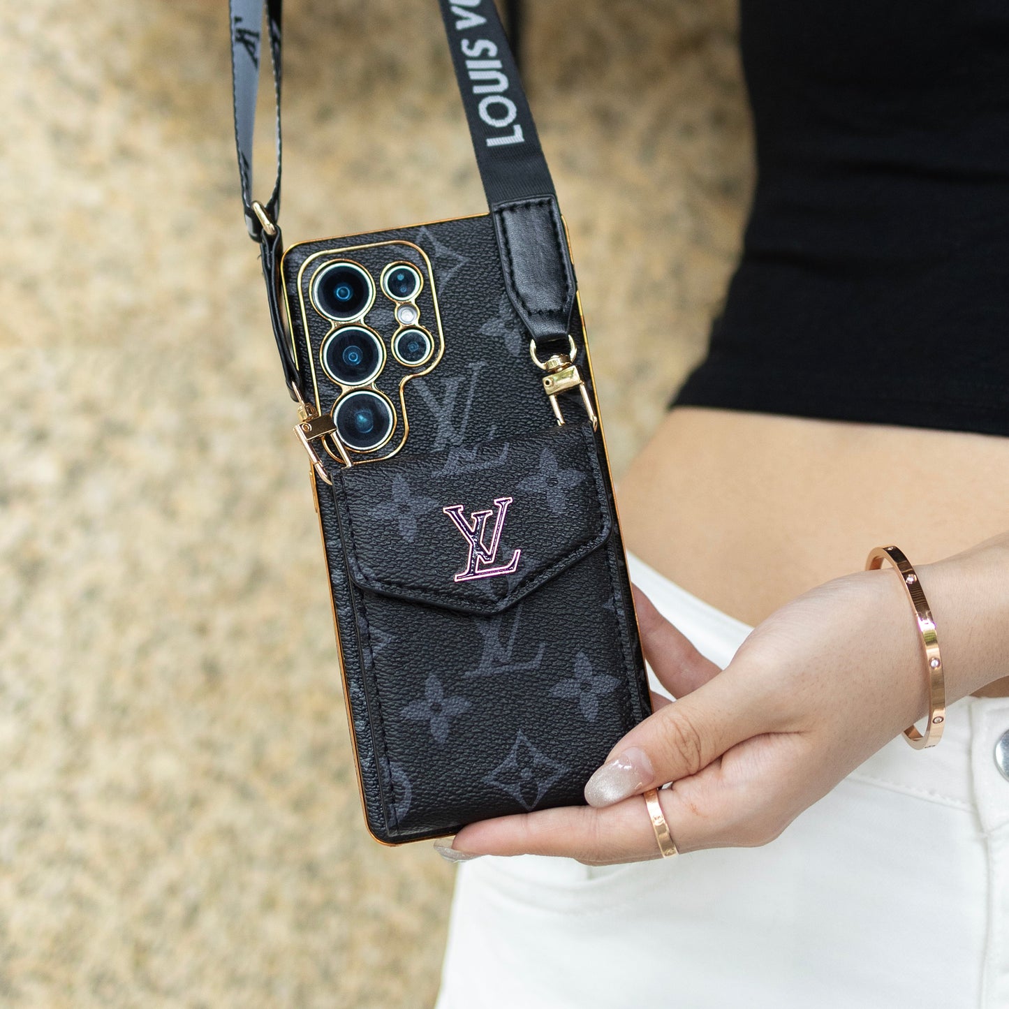 Luxury Classic Leather Samsung Case With Card Wallet And Strap