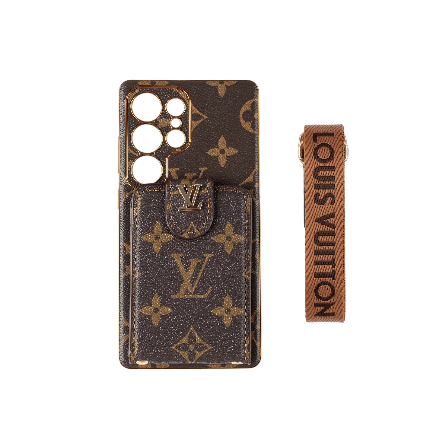 Luxusní kožené multifunkční pouzdro na telefon Monogram s poutkem na zápěstí