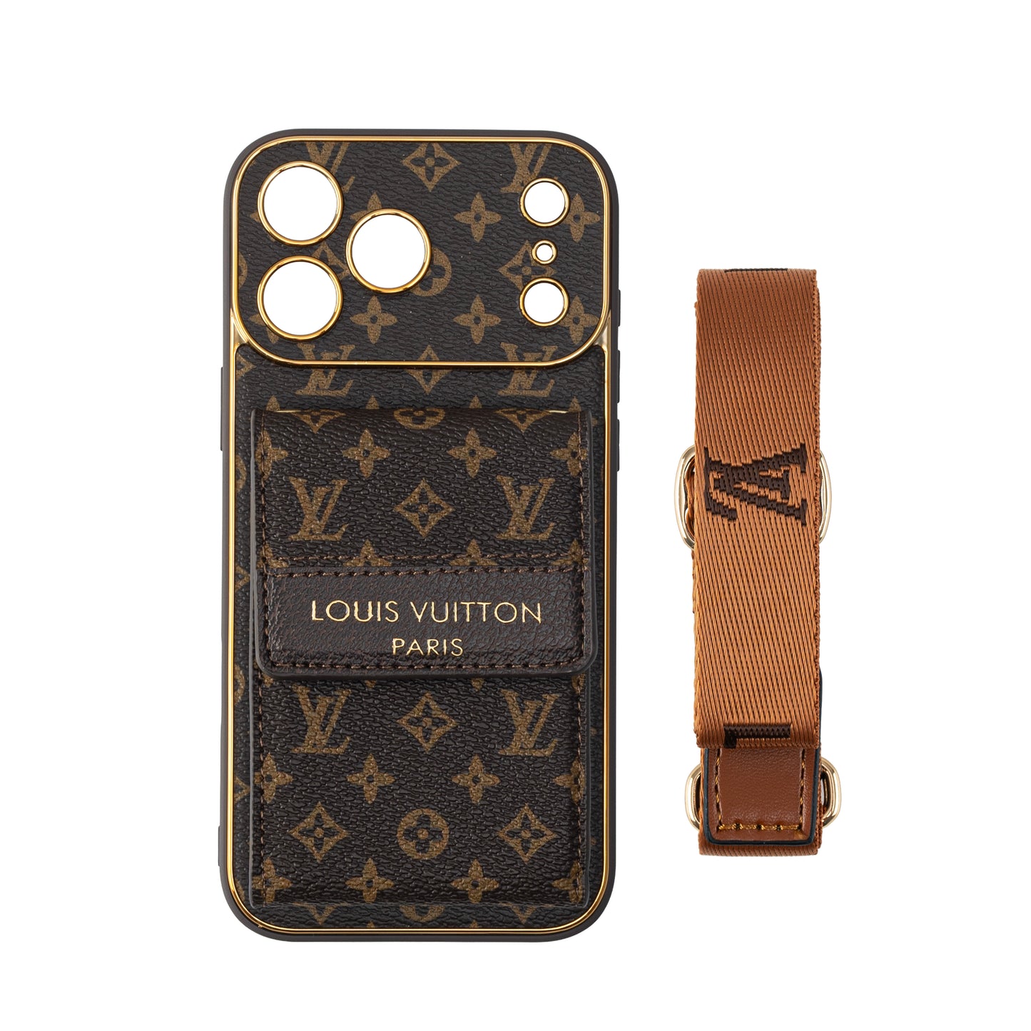 Estuche de lujo para teléfono con tarjetero y monograma con correa ajustable