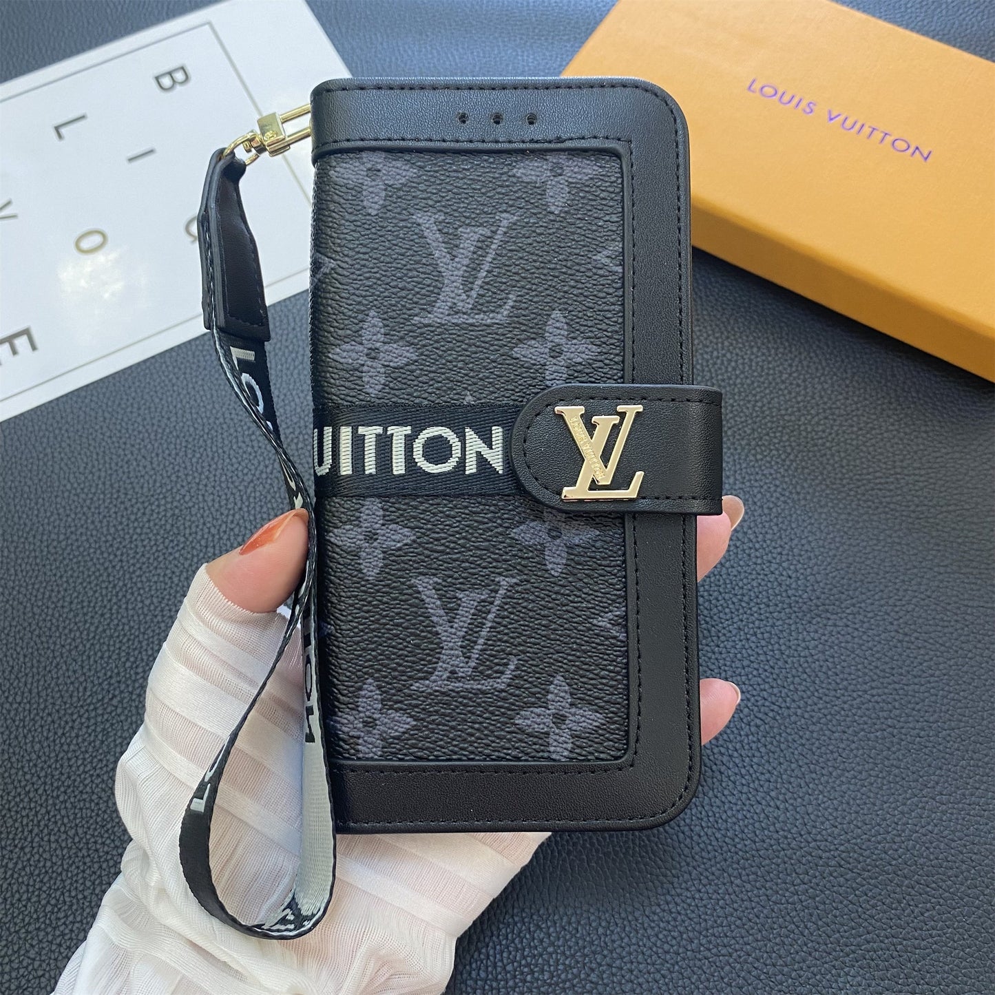 プレミアム本革モノグラムキャンバスウォレットカードホルダーケースSamsung Galaxy