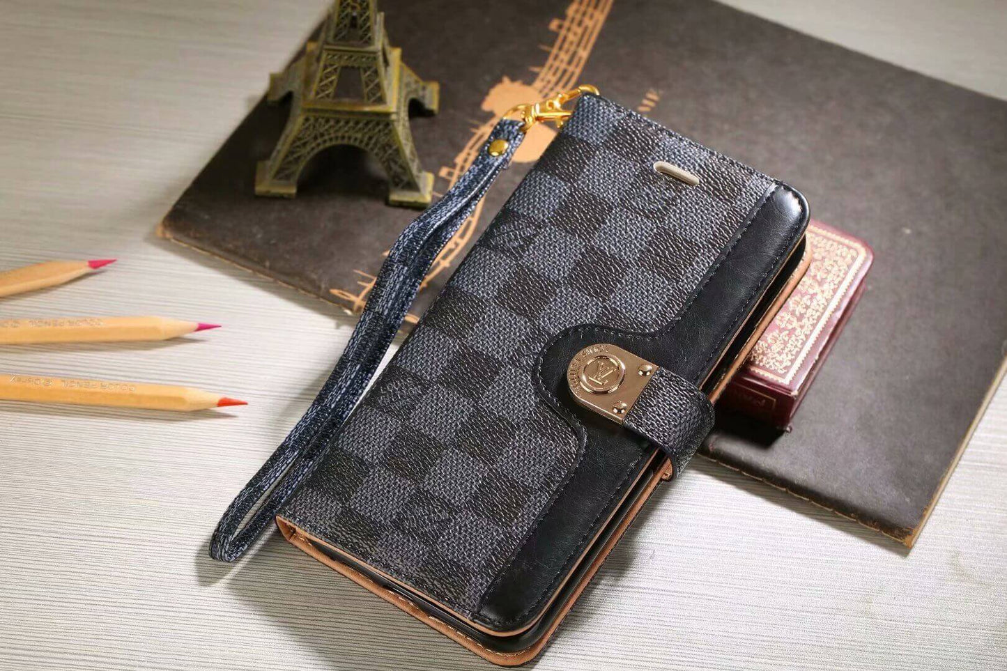 Luxury Monogram Wallet Case for Samsung – Black Checkerboard